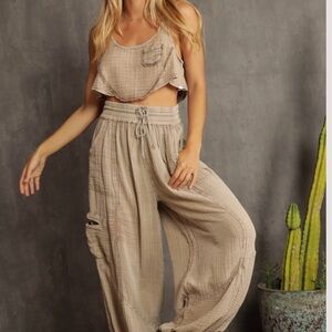 Women's Tan gauze pant Jumpsuit  size Medium-Pants  / size Large- top